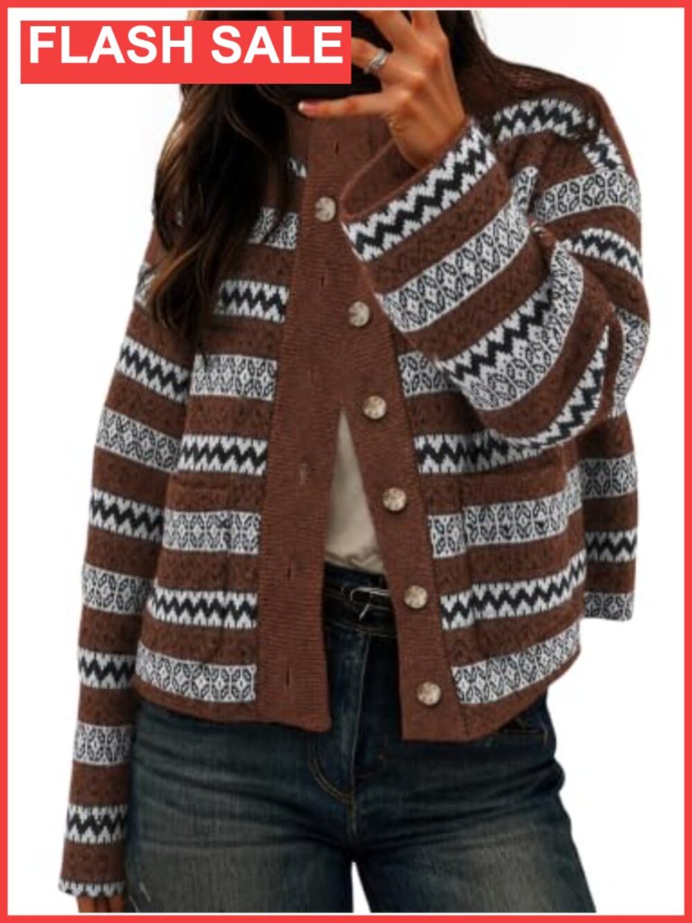 Fair Isle Cardigan Long Sleeve Mock Neck Knit Sweater Button Down